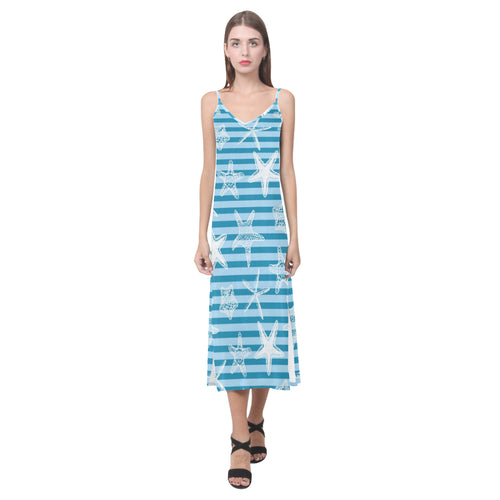 Starfish blue blackground V-Neck Open Fork Long Dress