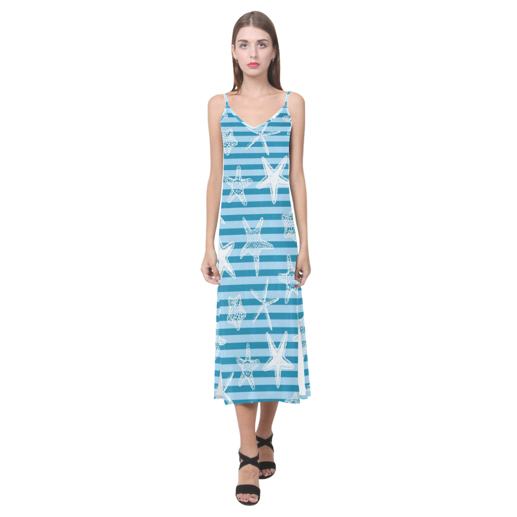 Starfish blue blackground V-Neck Open Fork Long Dress