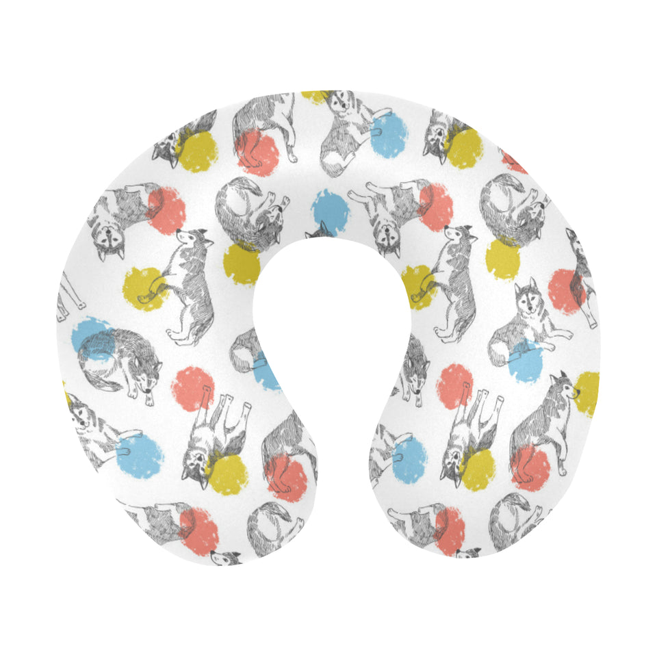 Siberian husky and colorful circle pattern U-Shaped Travel Neck Pillow