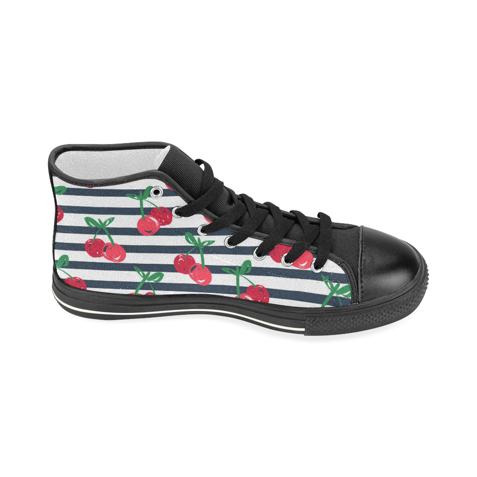 Hand drawn cherry pattern striped background Women's High Top Canvas Shoes Black