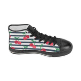 Hand drawn cherry pattern striped background Women's High Top Canvas Shoes Black