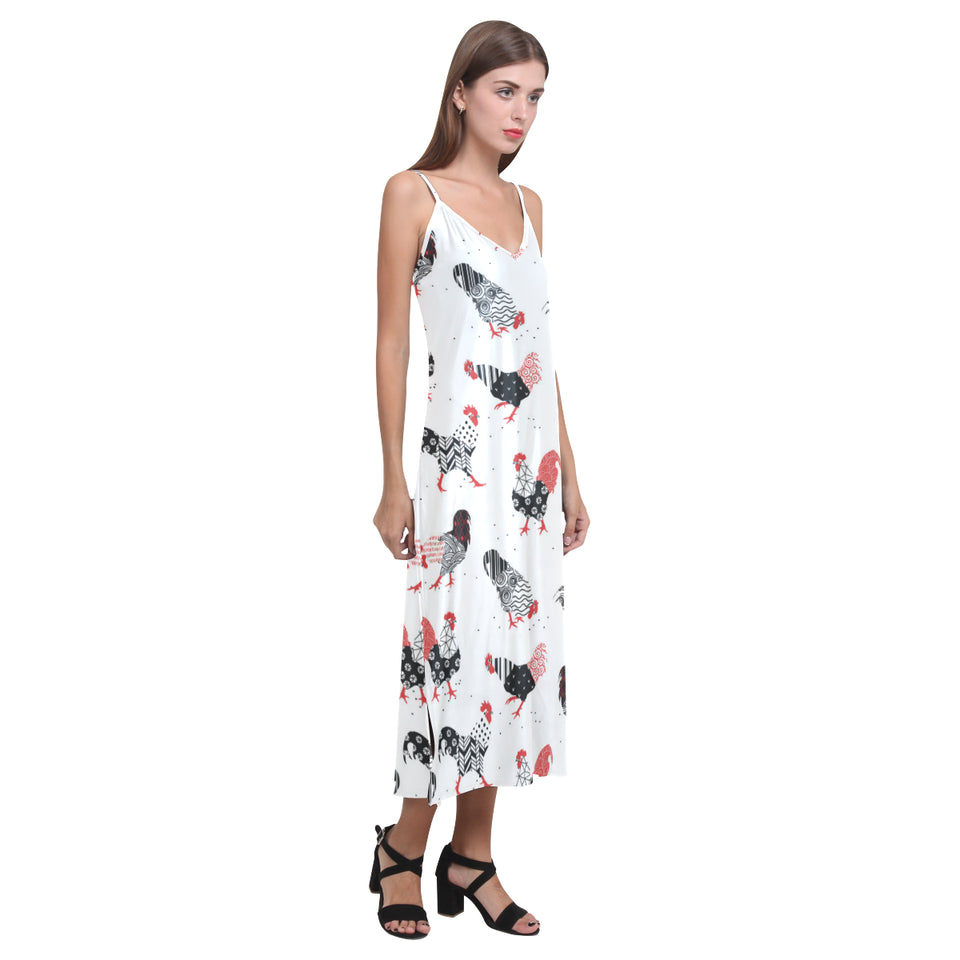 Cool rooster chicken cock floral ornament backgrou V-Neck Open Fork Long Dress