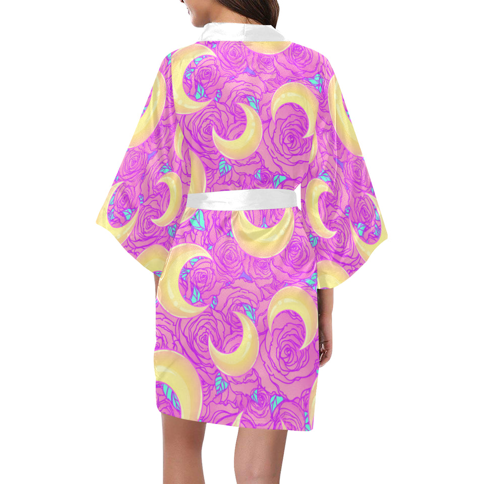 Moon pink rose background Women's Short Kimono Robe