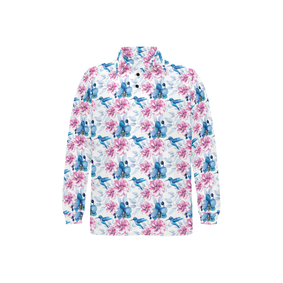 Hummingbird Pattern Print Design 02 Men's Long Sleeve Polo Shirt