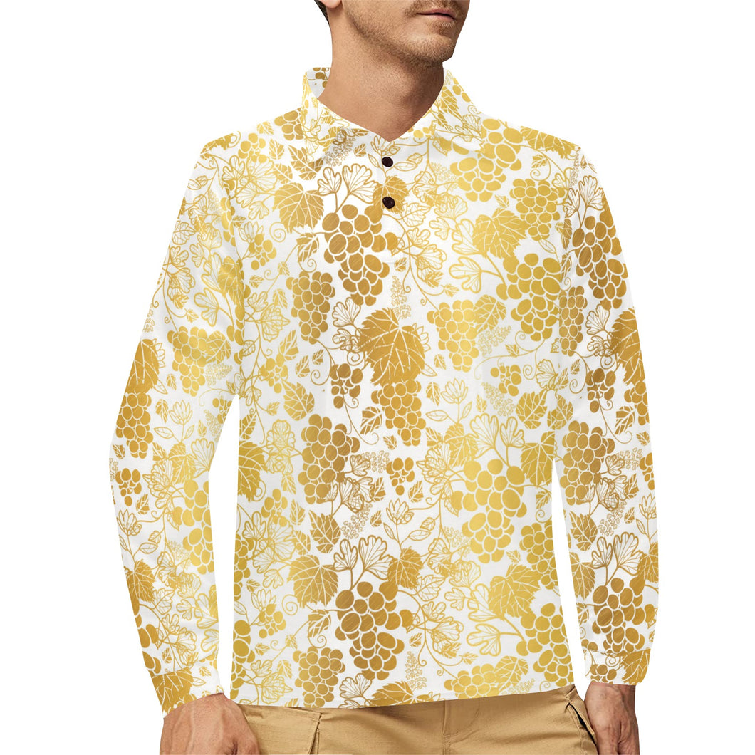 Gold grape pattern Men's Long Sleeve Polo Shirt
