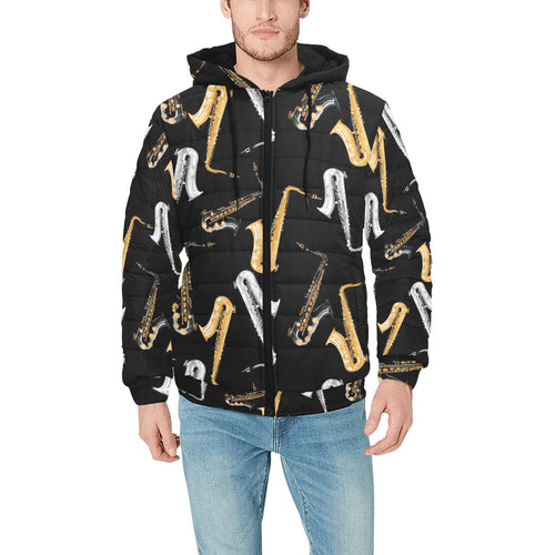 saxophone design pattern Men's Padded Hooded Jacket