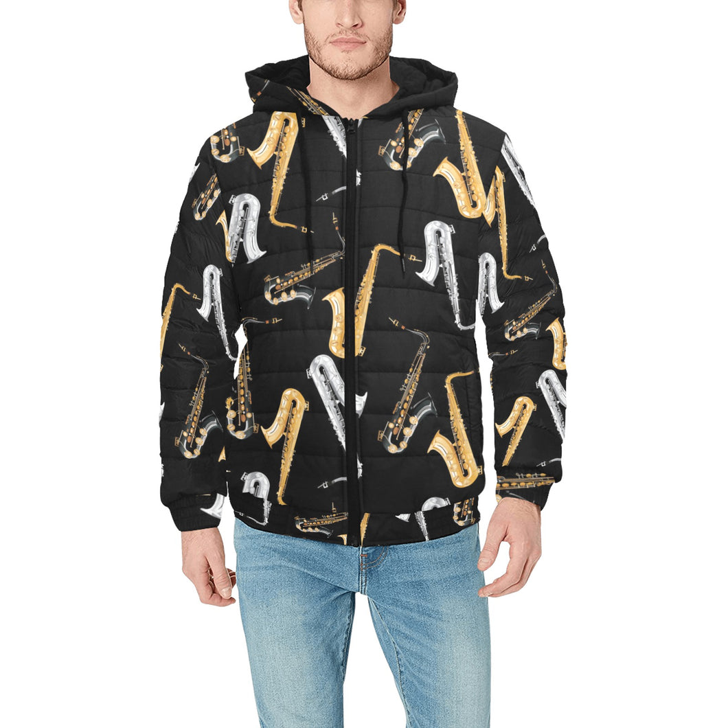 saxophone design pattern Men's Padded Hooded Jacket