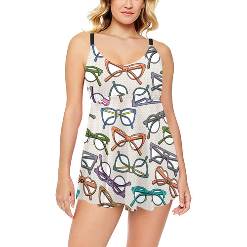 Sun Glasses Pattern Print Design 01 Chest Sexy Pleated Two Piece Swim Dress