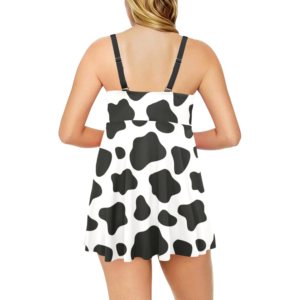Cow skin pattern Chest Sexy Pleated Two Piece Swim Dress