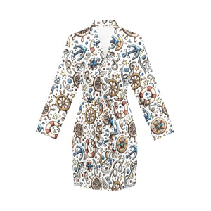 Cute nautical steering wheel anchor pattern Women's Long Sleeve Belted Night Robe