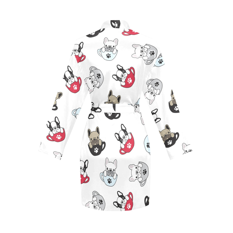 French bulldog cup paw pattern Women's Long Sleeve Belted Night Robe