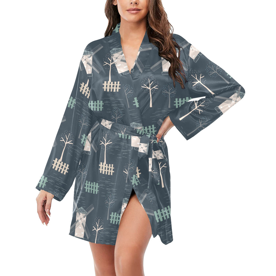 windmill tree pattern Women's Long Sleeve Belted Night Robe