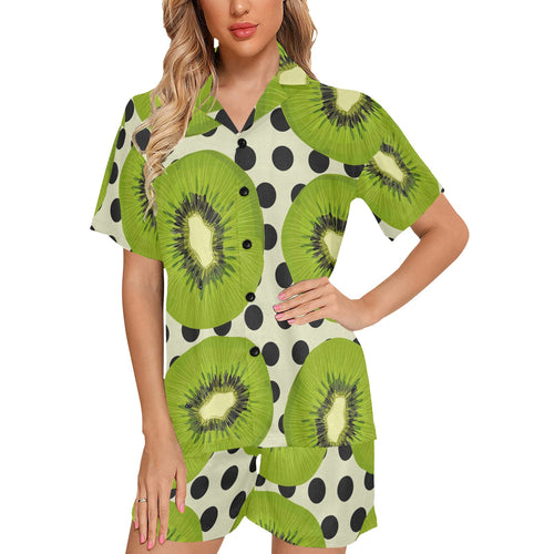 kiwi black dot background Women's V-Neck Short Pajama Set