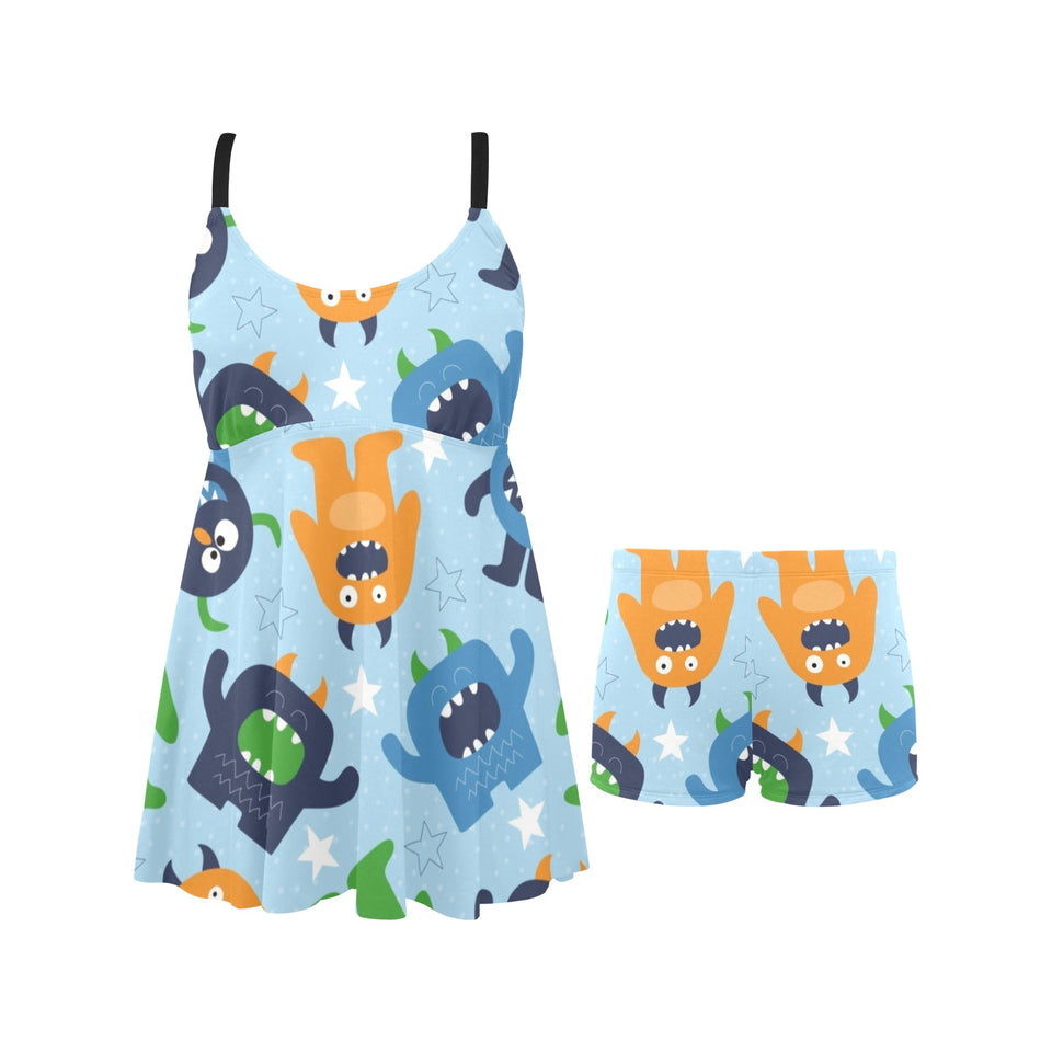 Alien Pattern Print Design 04 Chest Sexy Pleated Two Piece Swim Dress
