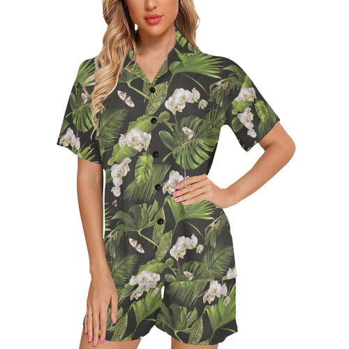 White orchid flower tropical leaves pattern blackg Women's V-Neck Short Pajama Set