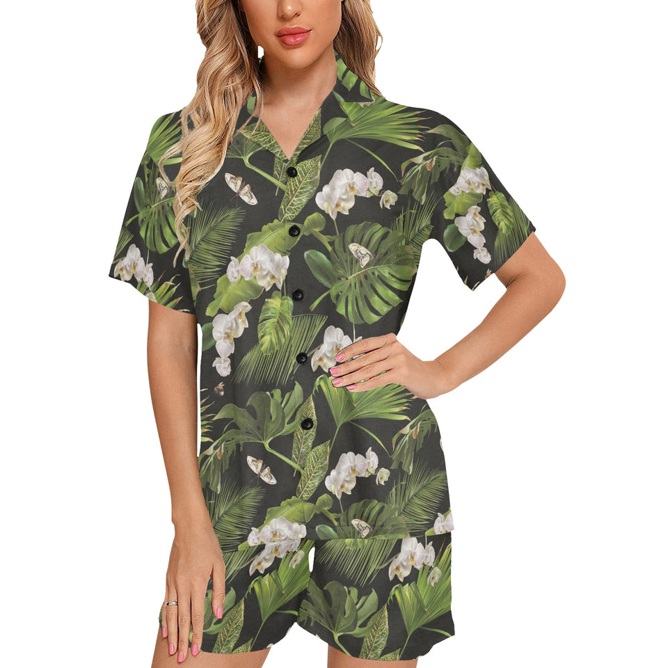 White orchid flower tropical leaves pattern blackg Women's V-Neck Short Pajama Set