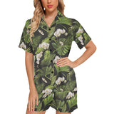 White orchid flower tropical leaves pattern blackg Women's V-Neck Short Pajama Set