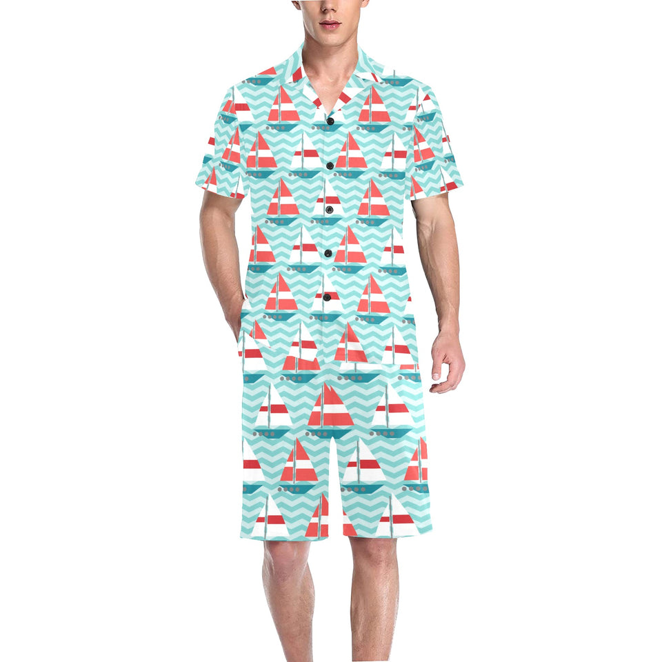 Red White sailboat wave background Men's V-Neck Short Pajama Set