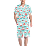 Red White sailboat wave background Men's V-Neck Short Pajama Set