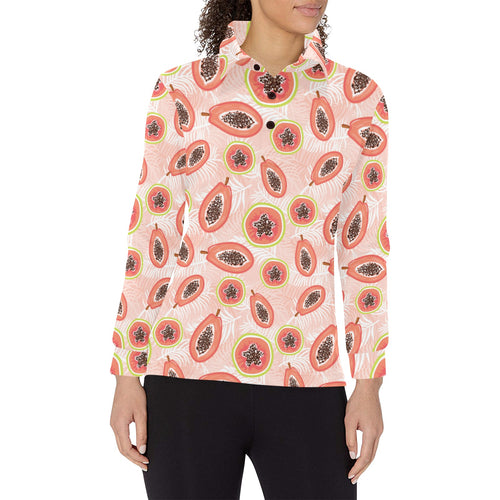 papaya leaves pattern Women's Long Sleeve Polo Shirt