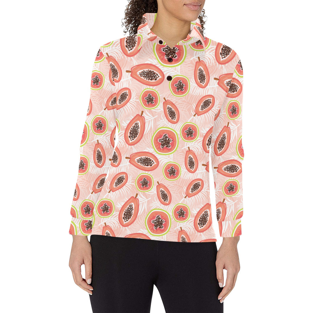 papaya leaves pattern Women's Long Sleeve Polo Shirt