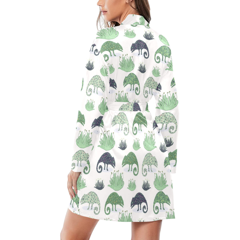 Chameleon lizard succulent plant pattern Women's Long Sleeve Belted Night Robe