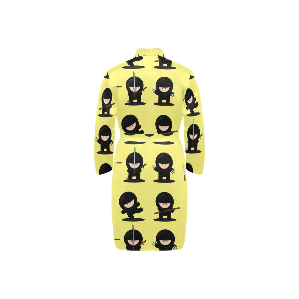 Cute ninja yellow background Men's Long Sleeve Belted Night Robe