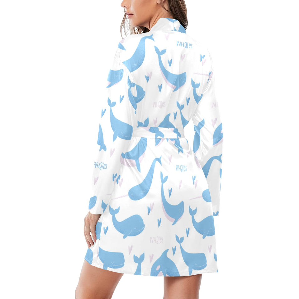 Blue whale pattern Women's Long Sleeve Belted Night Robe