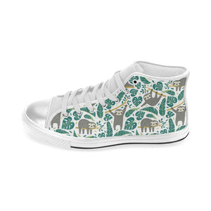 Cute sloths tropical palm leaves white background Women's High Top Canvas Shoes White