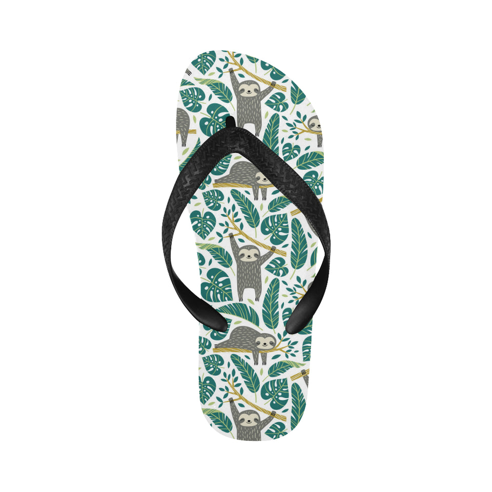 Cute sloths tropical palm leaves white background Unisex Flip Flops