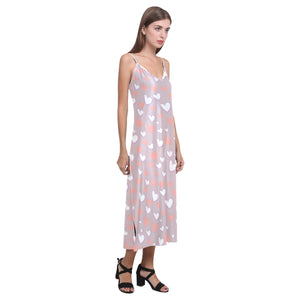 coral white heart pattern V-Neck Open Fork Long Dress