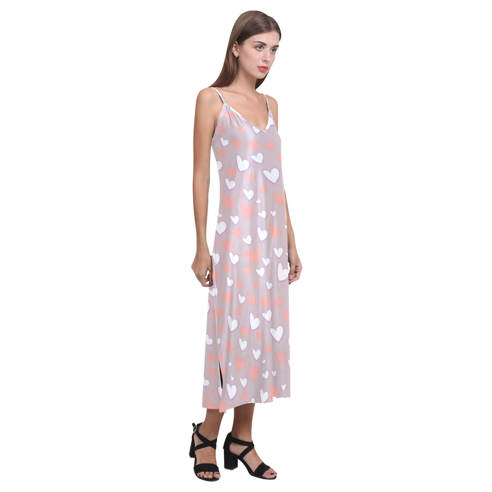 coral white heart pattern V-Neck Open Fork Long Dress