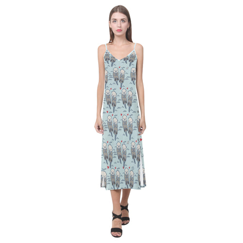 Lovely Sea Otter Pattern V-Neck Open Fork Long Dress