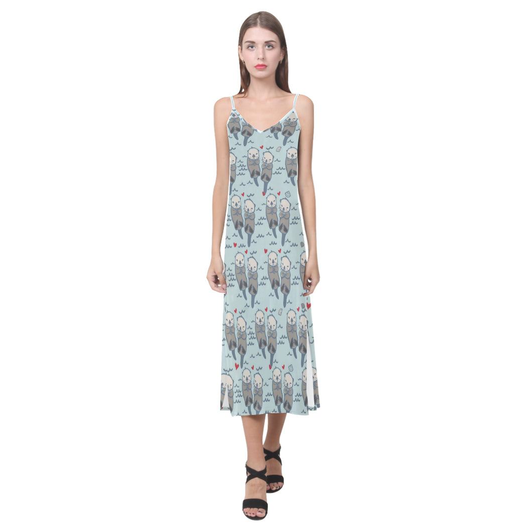 Lovely Sea Otter Pattern V-Neck Open Fork Long Dress