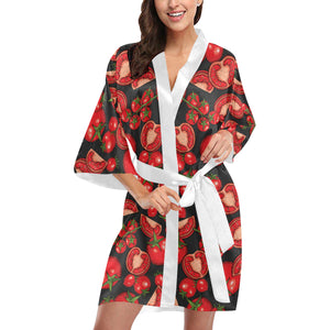 Tomato black background Women's Short Kimono Robe