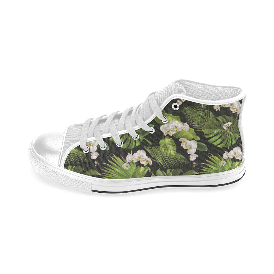 White orchid flower tropical leaves pattern blackg Men's High Top Canvas Shoes White