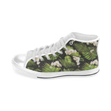 White orchid flower tropical leaves pattern blackg Men's High Top Canvas Shoes White