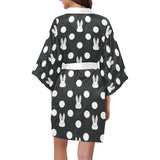 Cute white rabbit polka dots black background Women's Short Kimono Robe