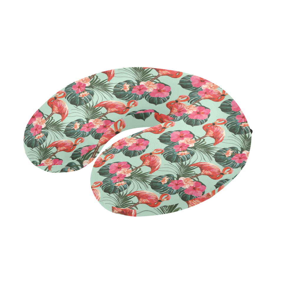Beautiful flamingo tropical palm leaves hibiscus p U-Shaped Travel Neck Pillow