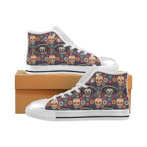 Sugar skulls flower maxican pattern Women's High Top Canvas Shoes White