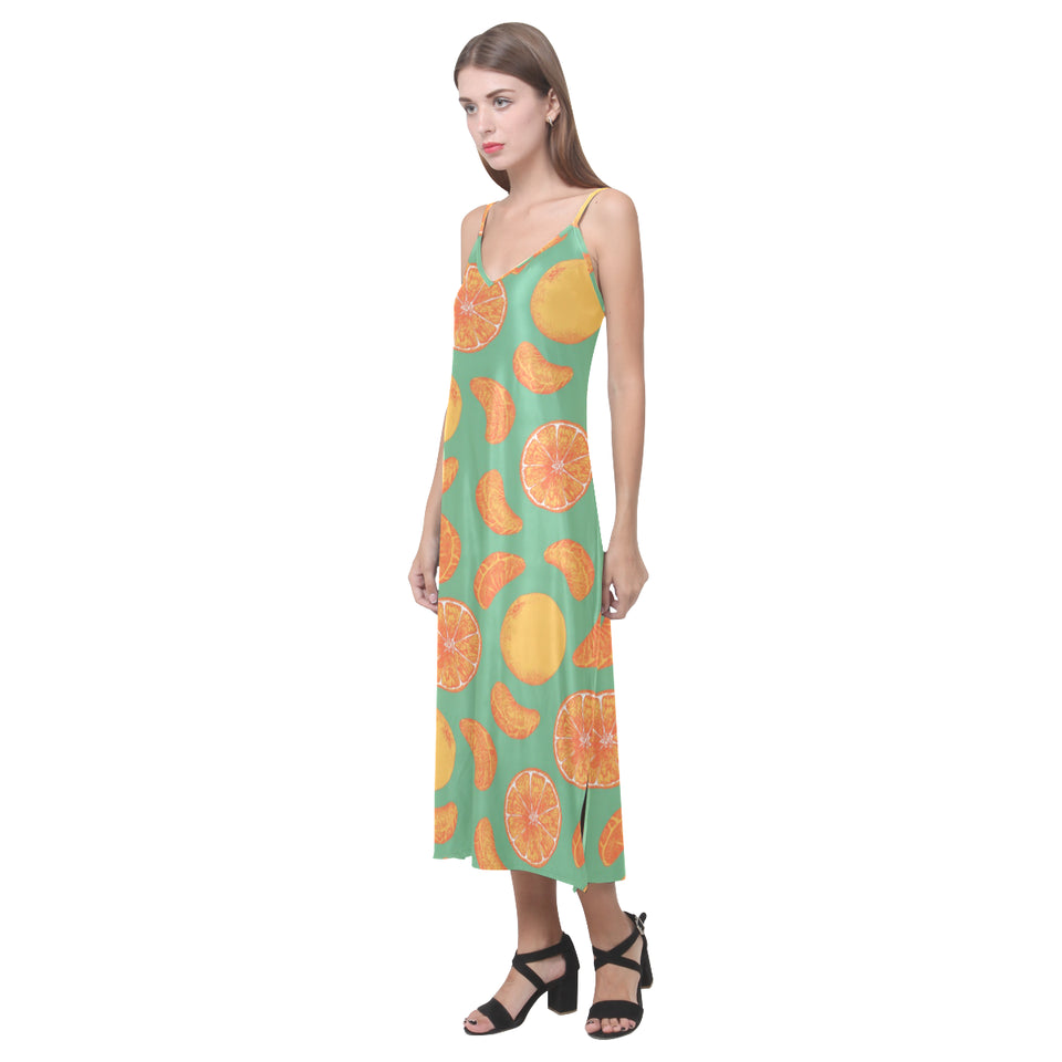 orange fruit pattern green background V-Neck Open Fork Long Dress