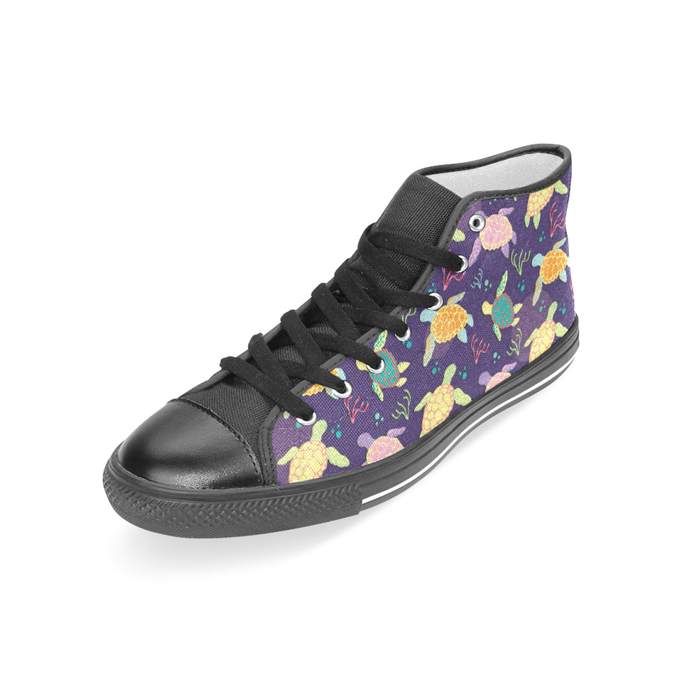 Colorful sea turtle pattern Women's High Top Canvas Shoes Black