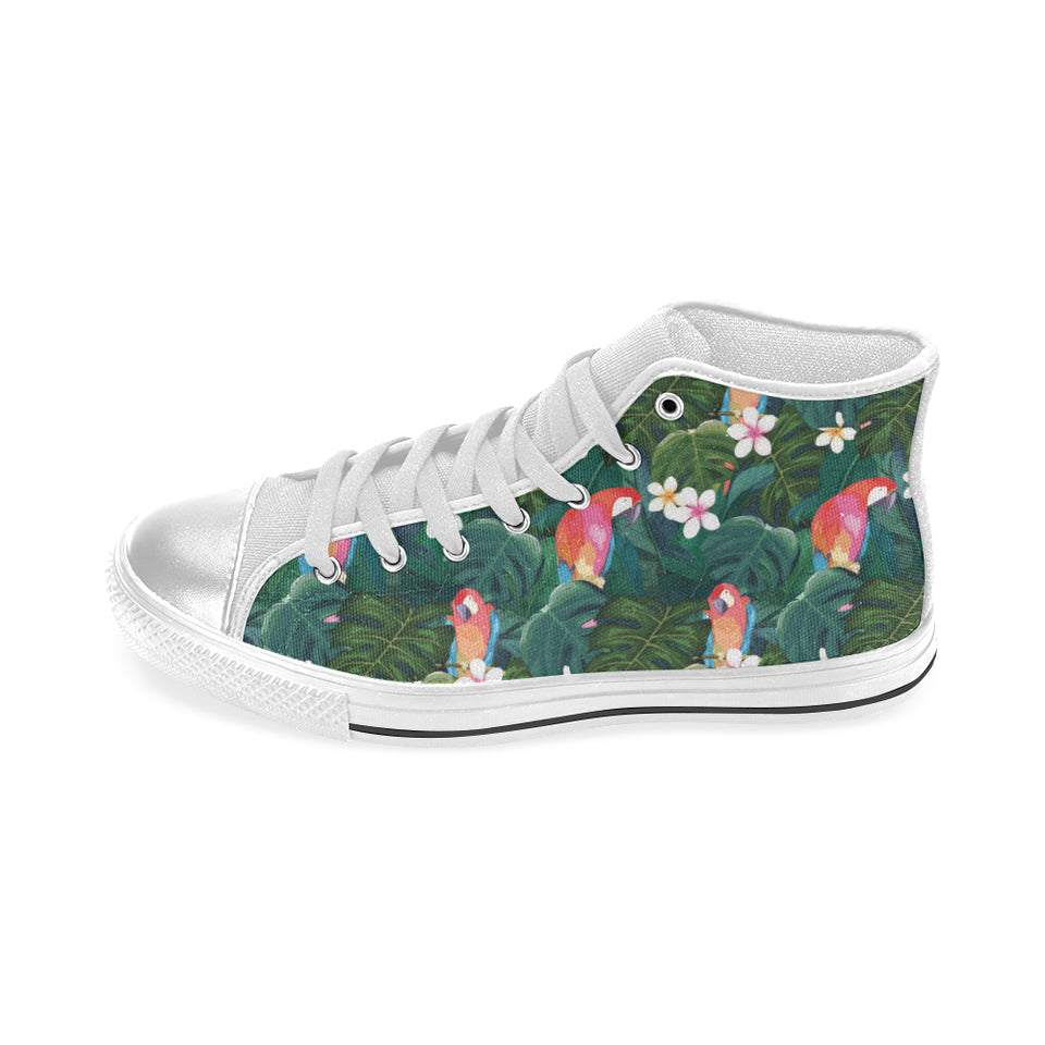Parrot Palm tree leaves flower hibiscus pattern Women's High Top Canvas Shoes White