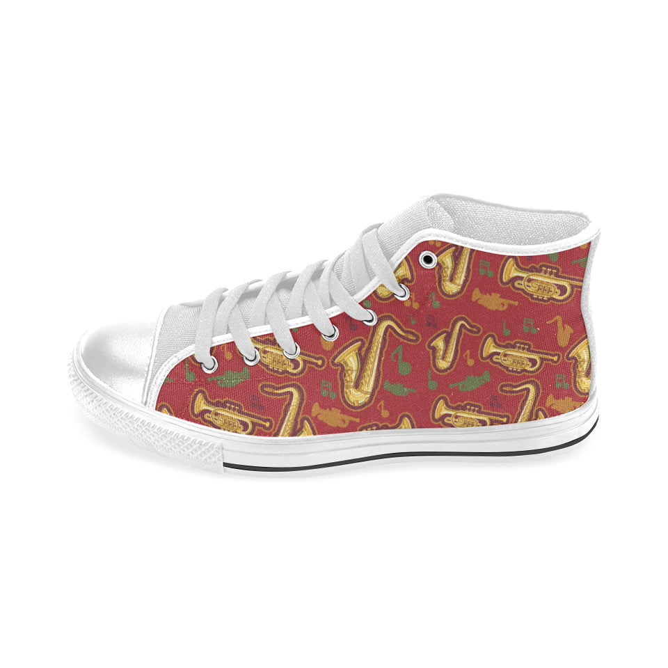 Saxophone cornet pattern red background Men's High Top Canvas Shoes White