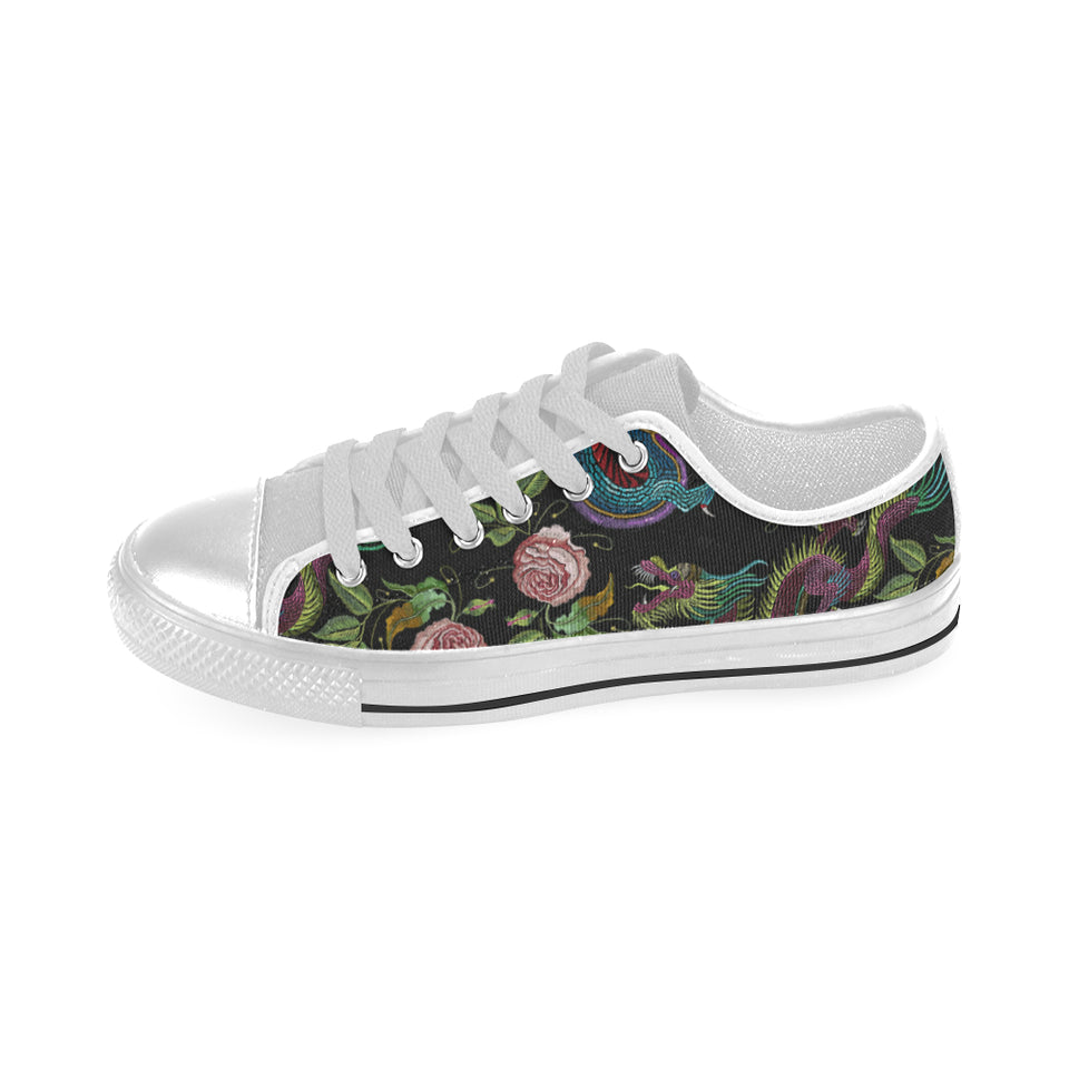 Dragons flower pattern Men's Low Top Shoes White