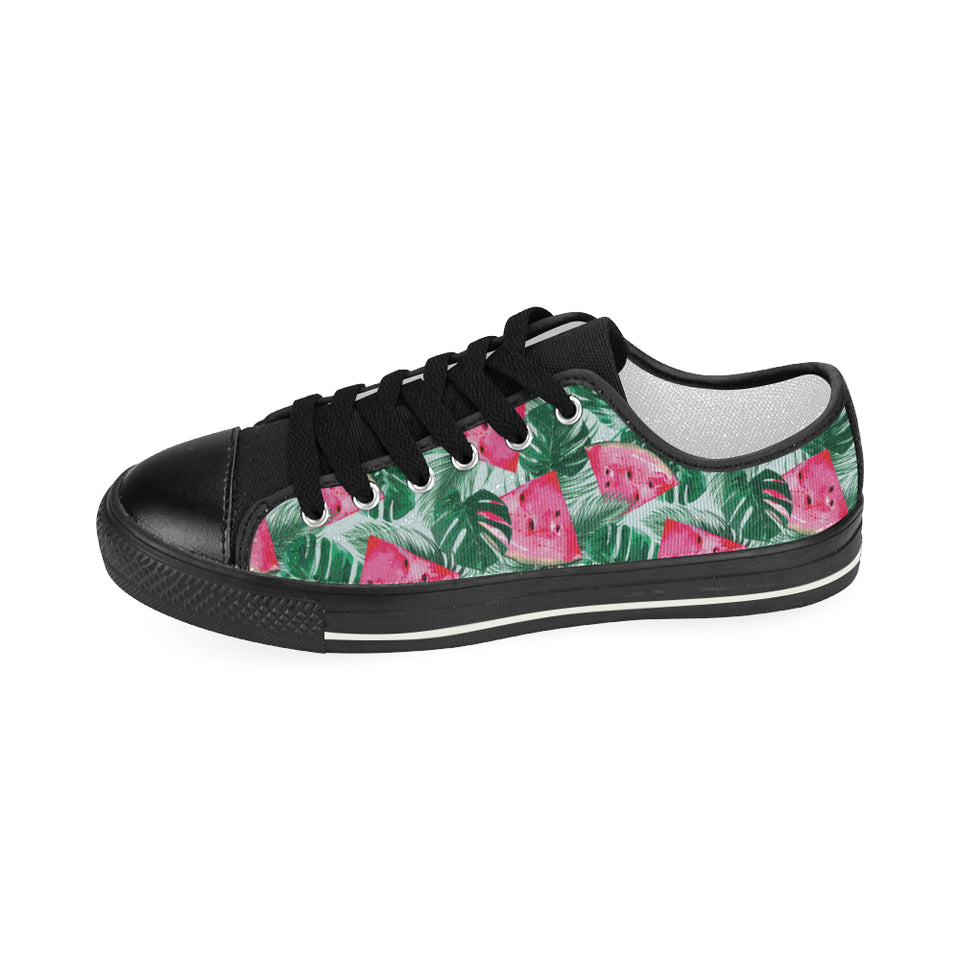 Watermelons tropical palm leaves pattern Women's Low Top Canvas Shoes Black