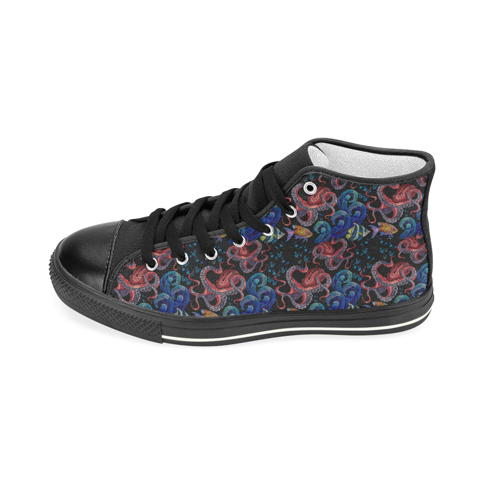 Octopus sea wave tropical fishe pattern Women's High Top Canvas Shoes Black