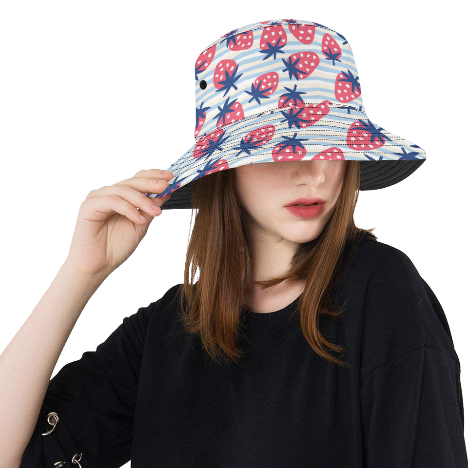 Strawberry pattern blue lines background Unisex Bucket Hat