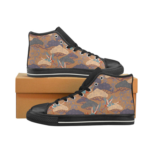 Bonsai bamboo stork japanese pattern brown theme Men's High Top Canvas Shoes Black