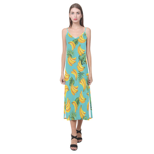 Banana Palm Leaves pattern background V-Neck Open Fork Long Dress
